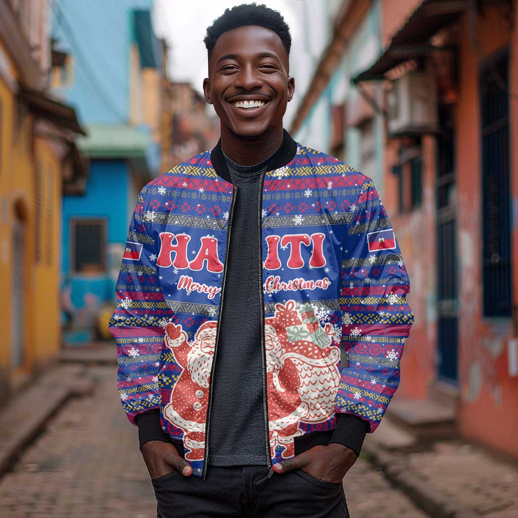Haiti Christmas Bomber Jacket Blue Red Xmas Santa Snowflake and Map - African Pride