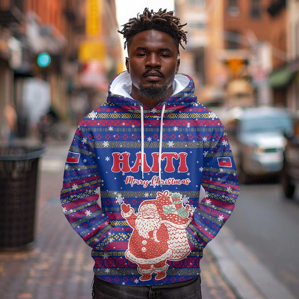 Haiti Christmas Hoodie Blue Red Xmas Santa Snowflake and Map - African Pride