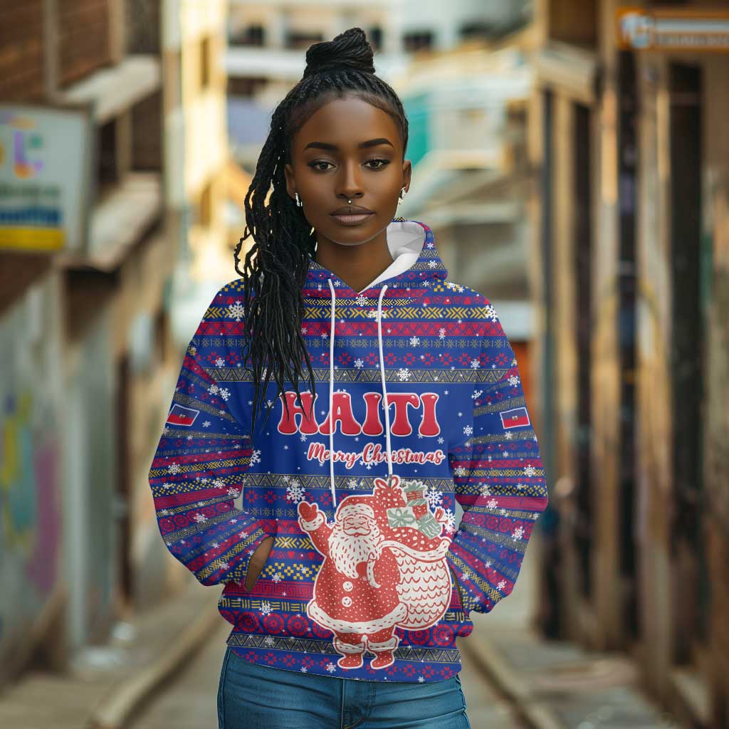 Haiti Christmas Hoodie Blue Red Xmas Santa Snowflake and Map - African Pride