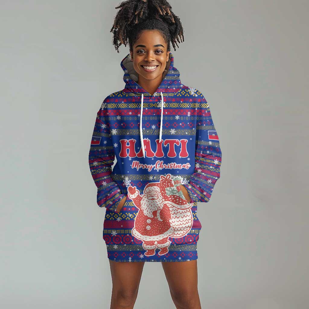 Haiti Christmas Hoodie Dress Blue Red Xmas Santa Snowflake and Map - African Pride