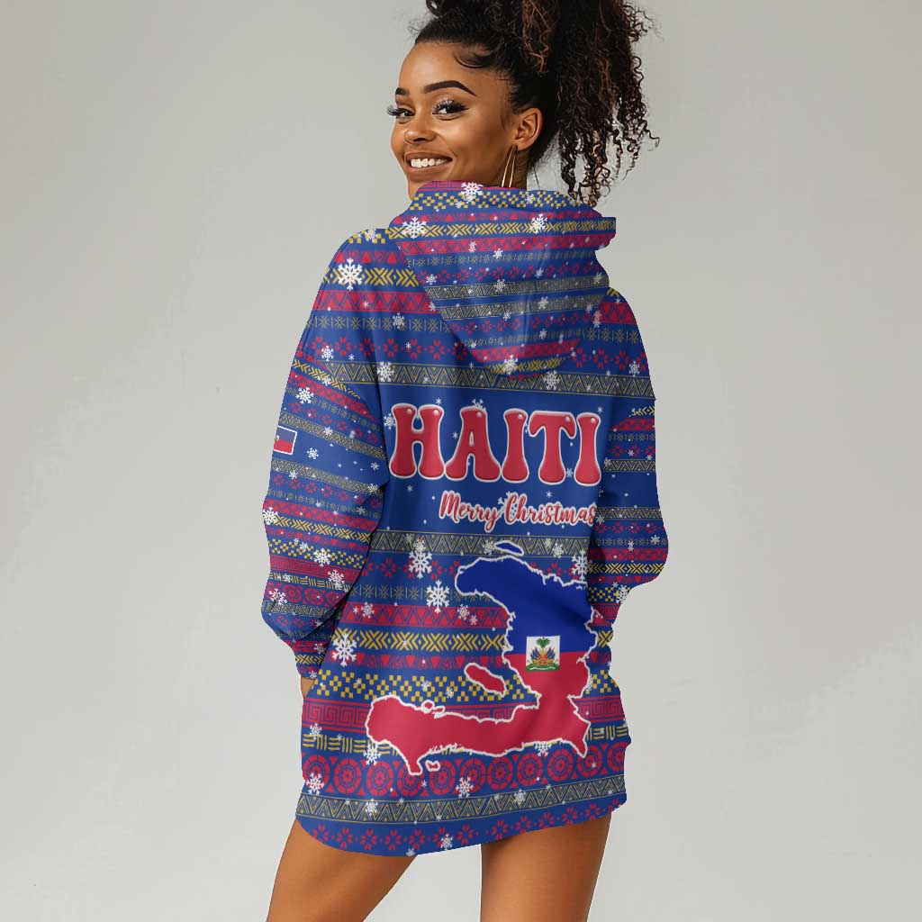 Haiti Christmas Hoodie Dress Blue Red Xmas Santa Snowflake and Map - African Pride