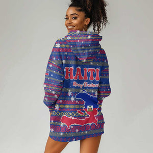 Haiti Christmas Hoodie Dress Blue Red Xmas Santa Snowflake and Map - African Pride