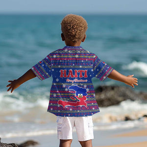 Haiti Christmas Kid Hawaiian Shirt Blue Red Xmas Santa Snowflake and Map - African Pride