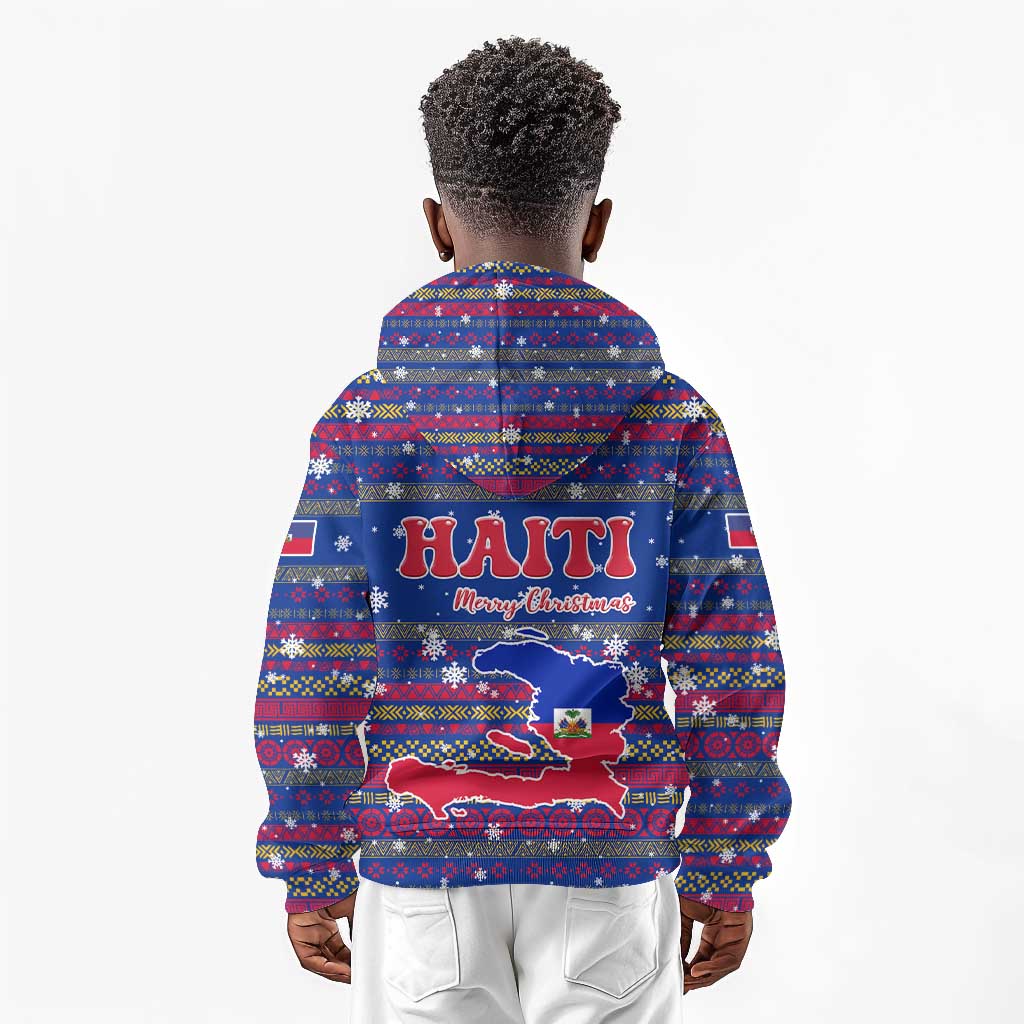 Haiti Christmas Kid Hoodie Blue Red Xmas Santa Snowflake and Map - African Pride
