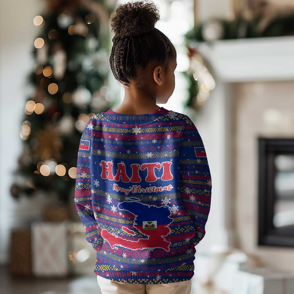 Haiti Christmas Kid Ugly Christmas Sweater Blue Red Xmas Santa Snowflake and Map - African Pride
