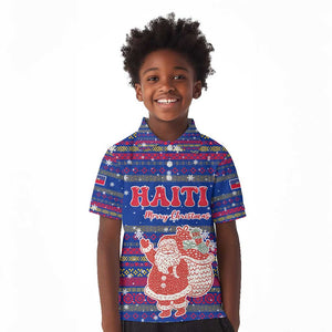 Haiti Christmas Kid Polo Shirt Blue Red Xmas Santa Snowflake and Map - African Pride