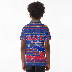 Haiti Christmas Kid Polo Shirt Blue Red Xmas Santa Snowflake and Map - African Pride