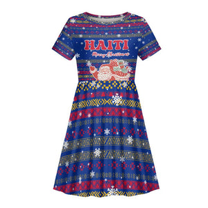 Haiti Christmas Kid Short Sleeve Dress Blue Red Xmas Santa Snowflake and Map - African Pride