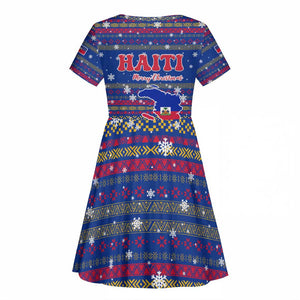 Haiti Christmas Kid Short Sleeve Dress Blue Red Xmas Santa Snowflake and Map - African Pride