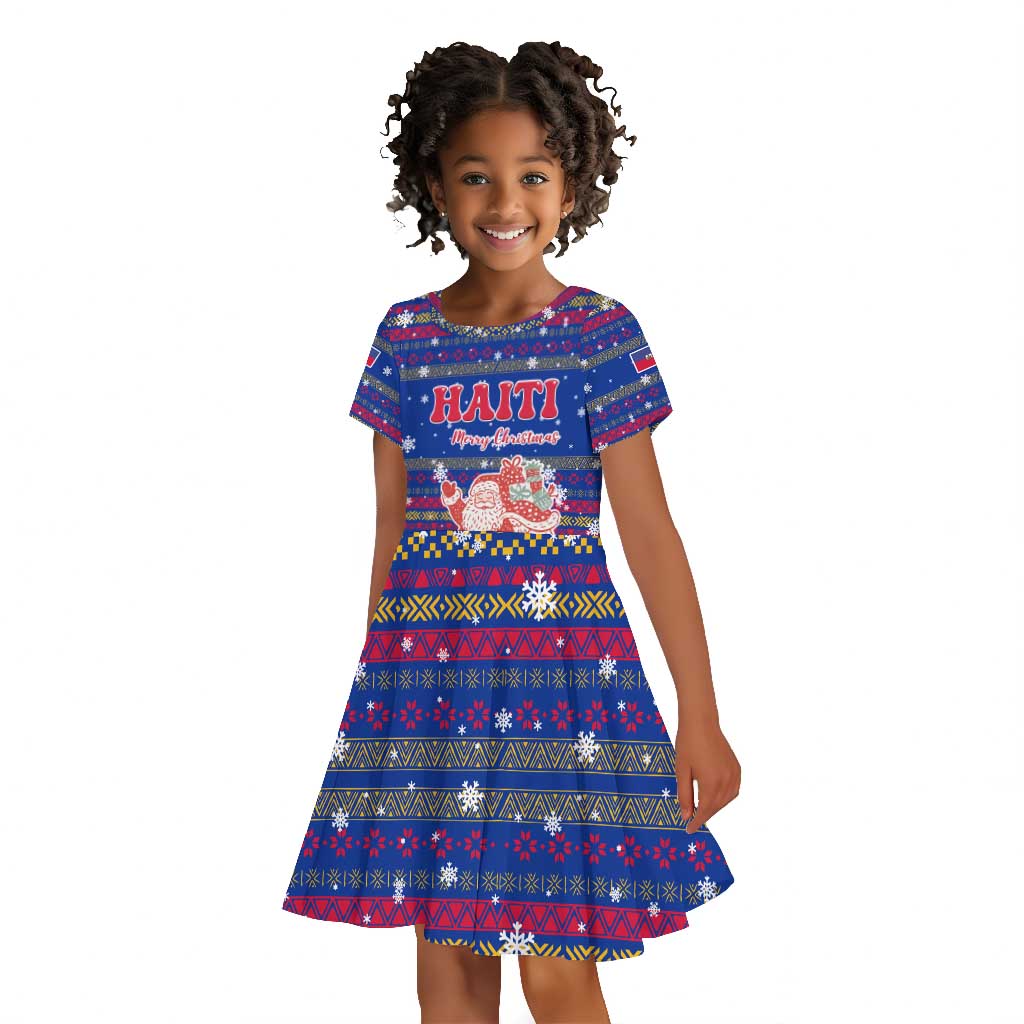 Haiti Christmas Kid Short Sleeve Dress Blue Red Xmas Santa Snowflake and Map - African Pride