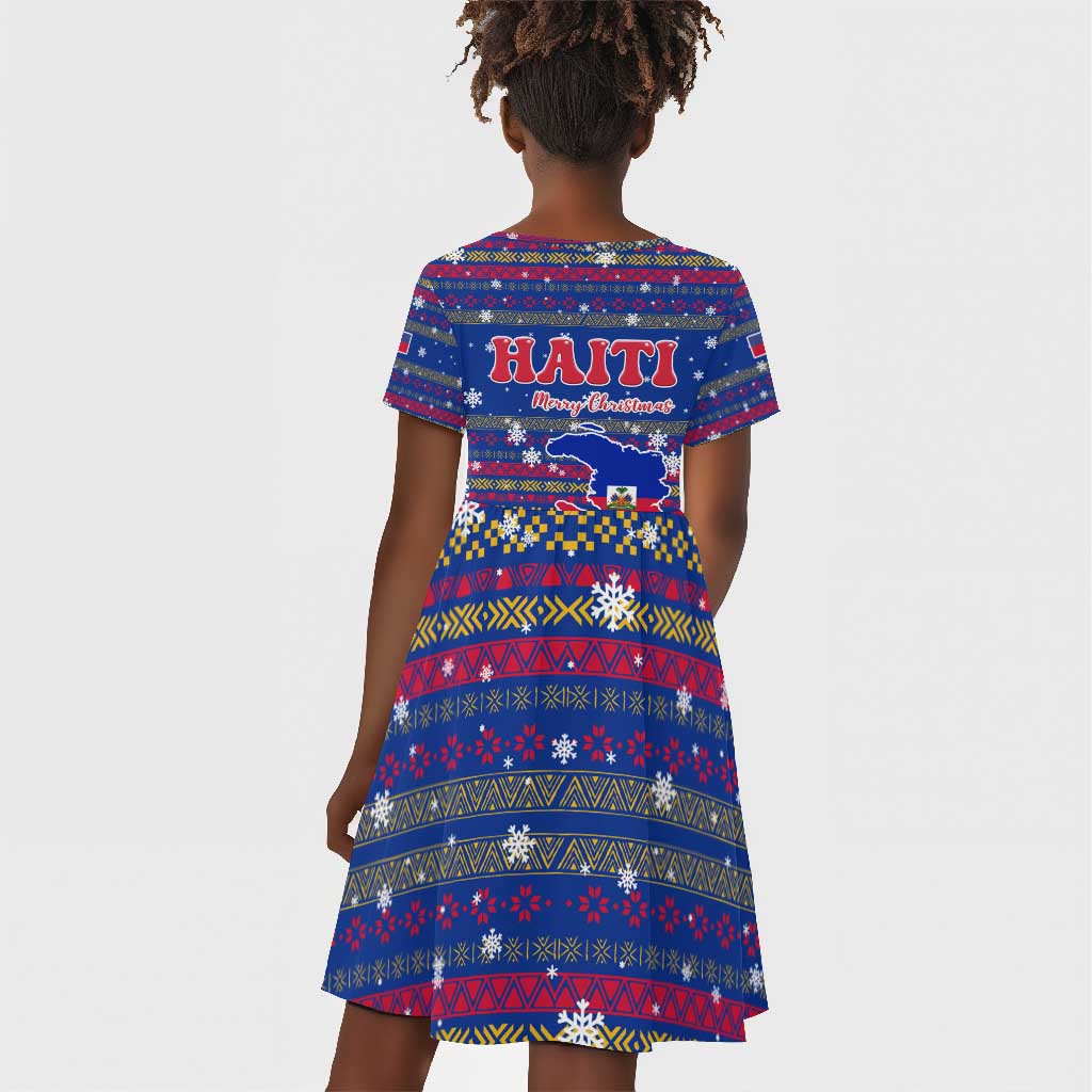 Haiti Christmas Kid Short Sleeve Dress Blue Red Xmas Santa Snowflake and Map - African Pride