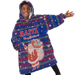 Haiti Christmas Kid Wearable Blanket Hoodie Blue Red Xmas Santa Snowflake and Map - African Pride