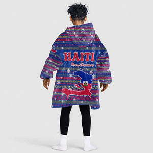 Haiti Christmas Kid Wearable Blanket Hoodie Blue Red Xmas Santa Snowflake and Map - African Pride