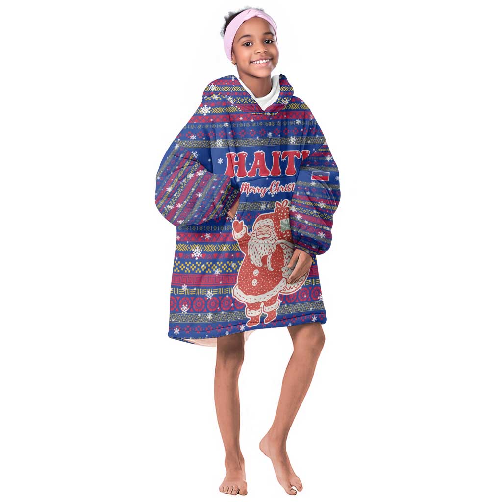 Haiti Christmas Kid Wearable Blanket Hoodie Blue Red Xmas Santa Snowflake and Map - African Pride