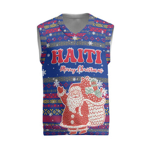 Haiti Christmas Knitted V-Neck Vest Blue Red Xmas Santa Snowflake and Map - African Pride