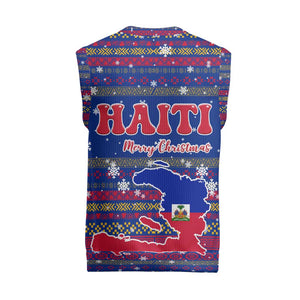 Haiti Christmas Knitted V-Neck Vest Blue Red Xmas Santa Snowflake and Map - African Pride