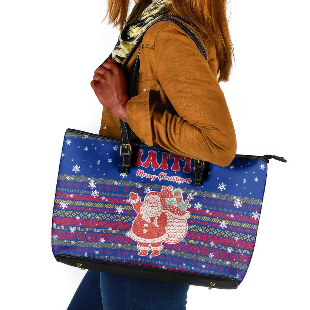 Haiti Christmas Leather Tote Bag Blue Red Xmas Santa Snowflake and Map - African Pride