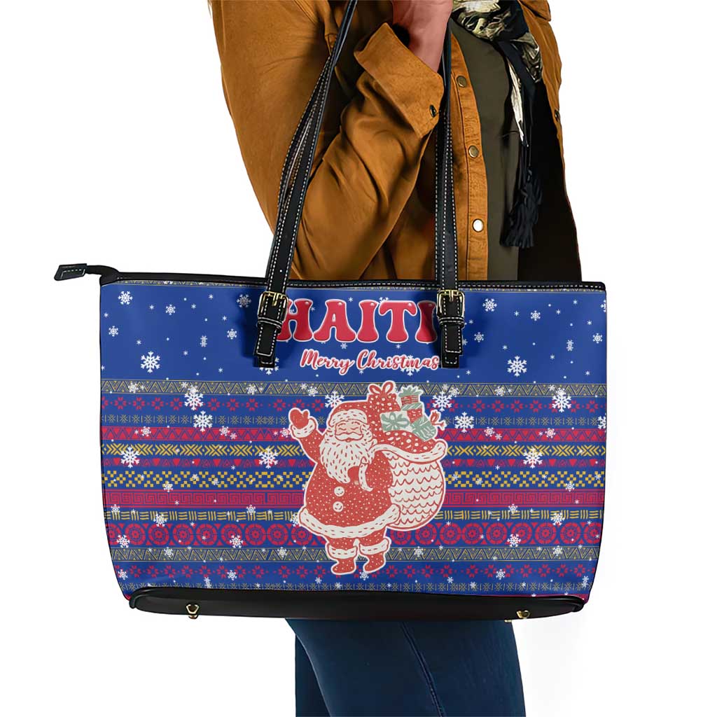 Haiti Christmas Leather Tote Bag Blue Red Xmas Santa Snowflake and Map - African Pride