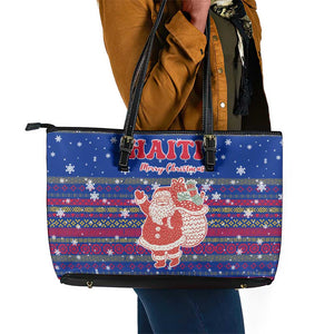 Haiti Christmas Leather Tote Bag Blue Red Xmas Santa Snowflake and Map - African Pride