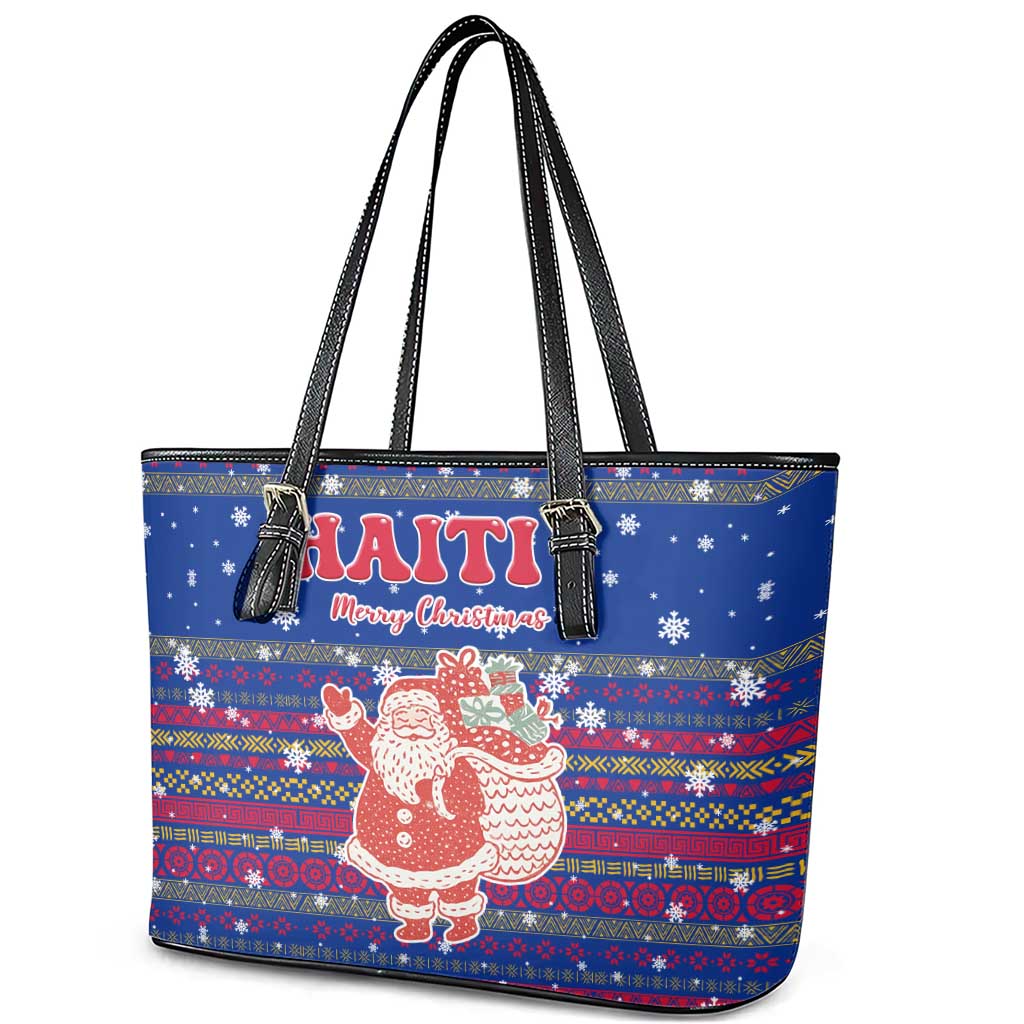 Haiti Christmas Leather Tote Bag Blue Red Xmas Santa Snowflake and Map - African Pride