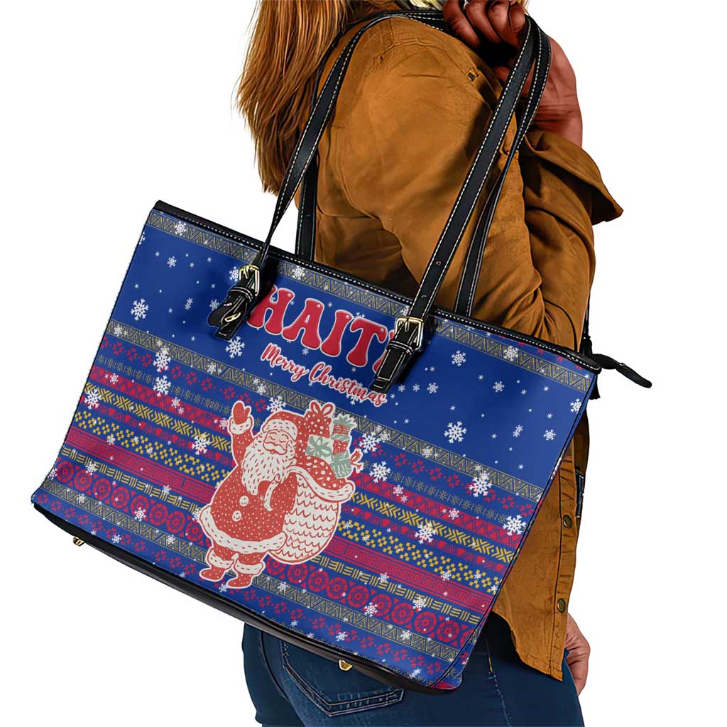 Haiti Christmas Leather Tote Bag Blue Red Xmas Santa Snowflake and Map - African Pride