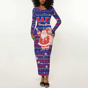 Haiti Christmas Long Sleeve Bodycon Dress Blue Red Xmas Santa Snowflake and Map - African Pride