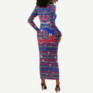Haiti Christmas Long Sleeve Bodycon Dress Blue Red Xmas Santa Snowflake and Map - African Pride