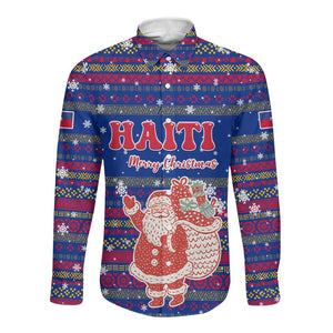Haiti Christmas Long Sleeve Button Shirt Blue Red Xmas Santa Snowflake and Map - African Pride