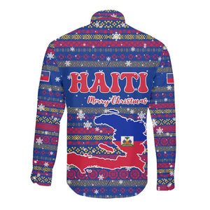 Haiti Christmas Long Sleeve Button Shirt Blue Red Xmas Santa Snowflake and Map - African Pride