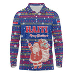 Haiti Christmas Long Sleeve Polo Shirt Blue Red Xmas Santa Snowflake and Map - African Pride