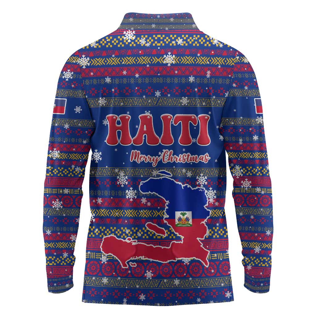 Haiti Christmas Long Sleeve Polo Shirt Blue Red Xmas Santa Snowflake and Map - African Pride