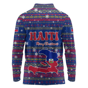 Haiti Christmas Long Sleeve Polo Shirt Blue Red Xmas Santa Snowflake and Map - African Pride
