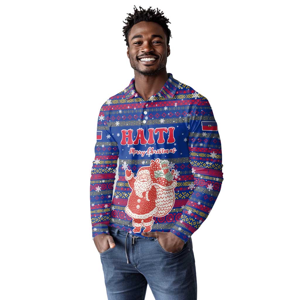 Haiti Christmas Long Sleeve Polo Shirt Blue Red Xmas Santa Snowflake and Map - African Pride