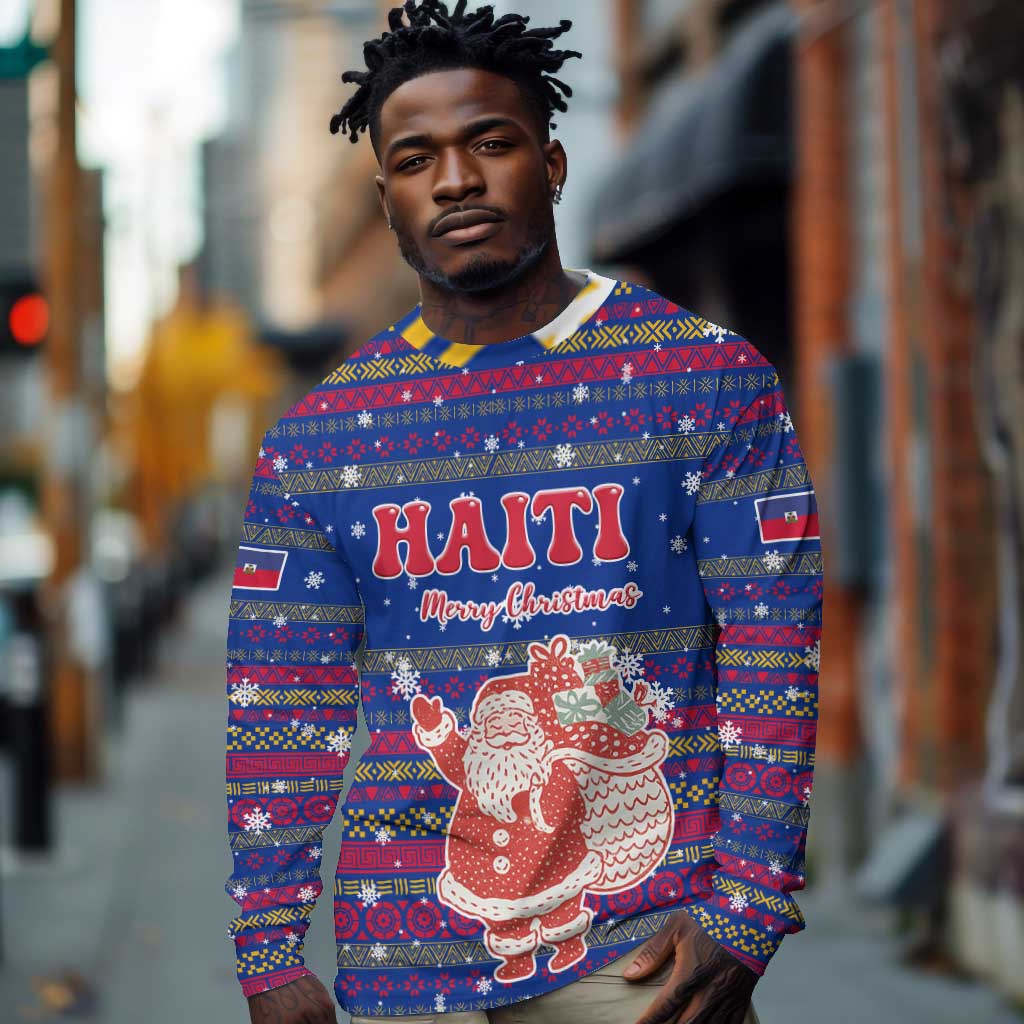 Haiti Christmas Long Sleeve Shirt Blue Red Xmas Santa Snowflake and Map - African Pride