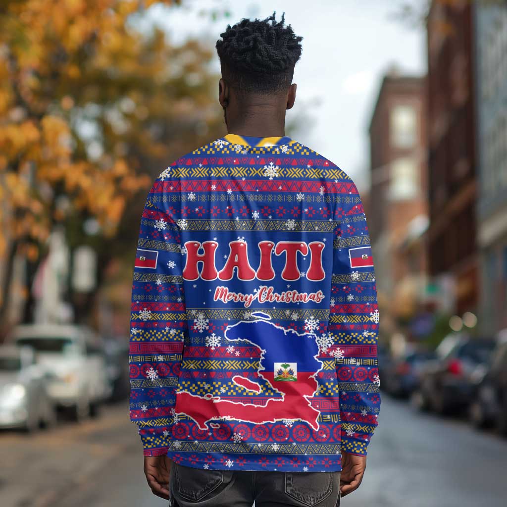 Haiti Christmas Long Sleeve Shirt Blue Red Xmas Santa Snowflake and Map - African Pride