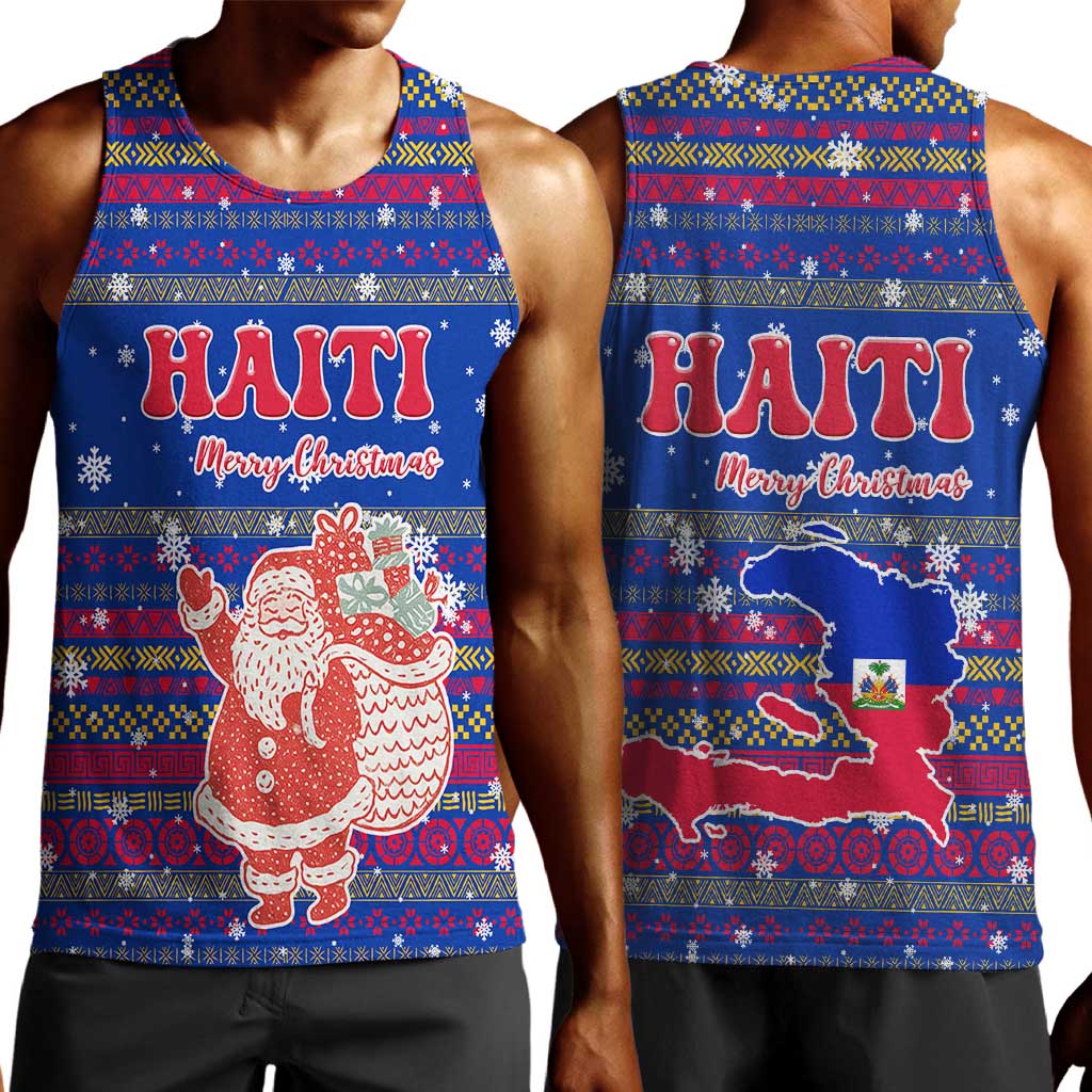 Haiti Christmas Men Tank Top Blue Red Xmas Santa Snowflake and Map - African Pride