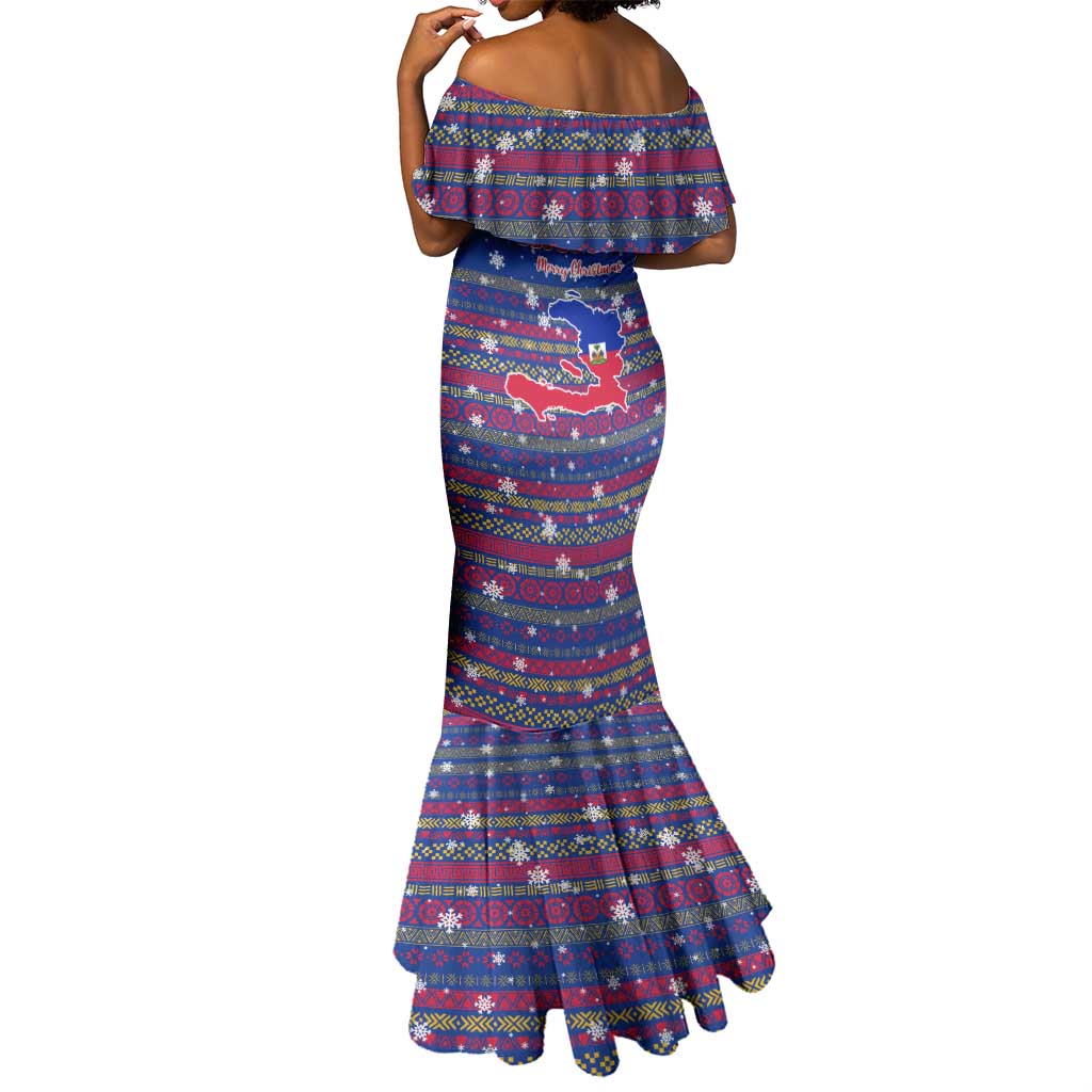 Haiti Christmas Mermaid Dress Blue Red Xmas Santa Snowflake and Map - African Pride