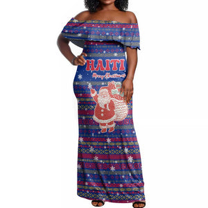 Haiti Christmas Off Shoulder Maxi Dress Blue Red Xmas Santa Snowflake and Map - African Pride