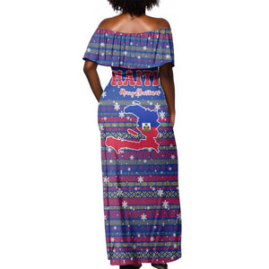 Haiti Christmas Off Shoulder Maxi Dress Blue Red Xmas Santa Snowflake and Map - African Pride