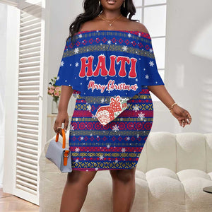 Haiti Christmas Off Shoulder Short Dress Blue Red Xmas Santa Snowflake and Map - African Pride