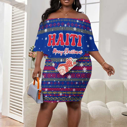 Haiti Christmas Off Shoulder Short Dress Blue Red Xmas Santa Snowflake and Map - African Pride