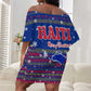Haiti Christmas Off Shoulder Short Dress Blue Red Xmas Santa Snowflake and Map - African Pride