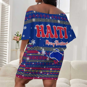 Haiti Christmas Off Shoulder Short Dress Blue Red Xmas Santa Snowflake and Map - African Pride