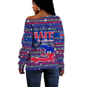 Haiti Christmas Off Shoulder Sweater Blue Red Xmas Santa Snowflake and Map - African Pride