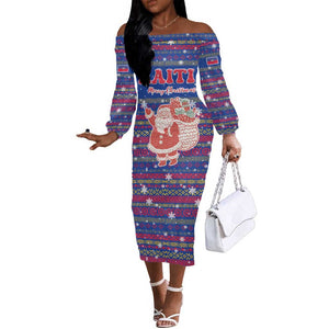 Haiti Christmas Off The Shoulder Long Sleeve Dress Blue Red Xmas Santa Snowflake and Map - African Pride