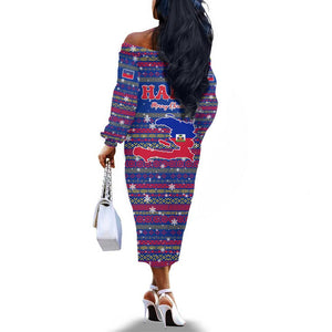 Haiti Christmas Off The Shoulder Long Sleeve Dress Blue Red Xmas Santa Snowflake and Map - African Pride