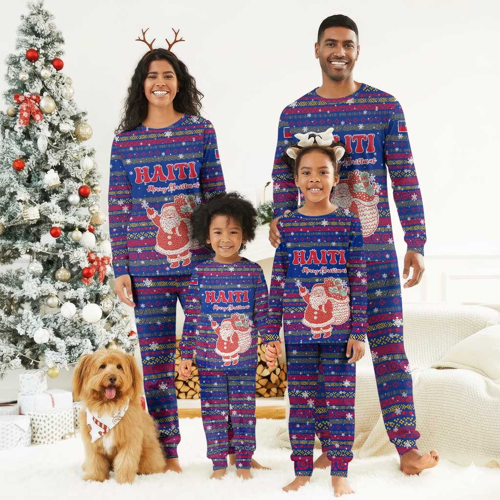 Haiti Christmas Pajama Set Blue Red Xmas Santa Snowflake and Map - African Pride