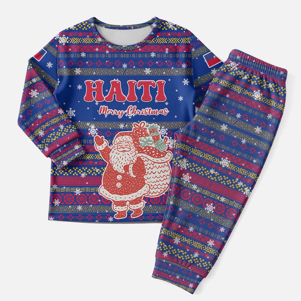 Haiti Christmas Pajama Set Blue Red Xmas Santa Snowflake and Map - African Pride