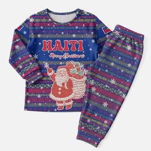 Haiti Christmas Pajama Set Blue Red Xmas Santa Snowflake and Map - African Pride