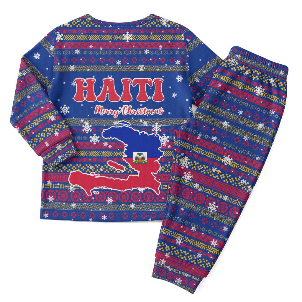Haiti Christmas Pajama Set Blue Red Xmas Santa Snowflake and Map - African Pride